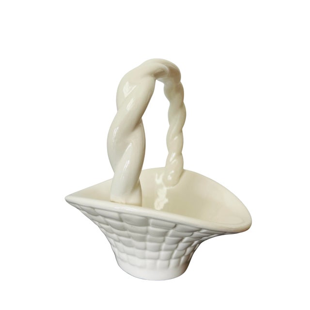 White Vintage White Ceramic Basket Weave Bowl With Twisted Handle – Mid-Century Woven Pottery Planter / Decorative Centerpiece For Sale - Image 8 of 10