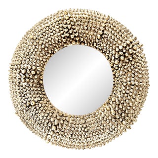 Sculptural Brutalist Style Gilt Studded Round Picture Frame – Textured Gold Photo Frame For Sale