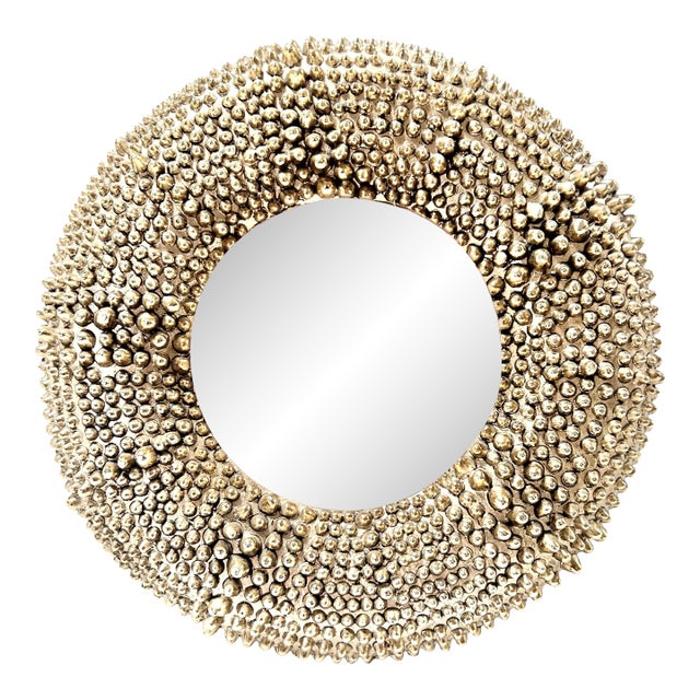 Sculptural Brutalist Style Gilt Studded Round Picture Frame – Textured Gold Photo Frame For Sale