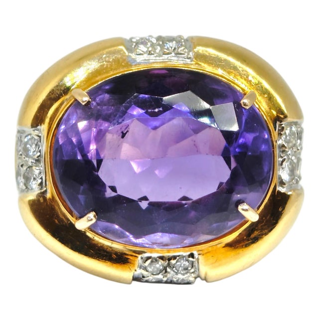 Vintage 18k Gold Large Amethyst & Diamond Ring, Size 6.5 For Sale