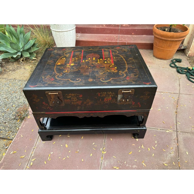 Early 1900s Chinoiserie Black Lacquer Trunk / Coffee Table on Two Stands For Sale - Image 11 of 12