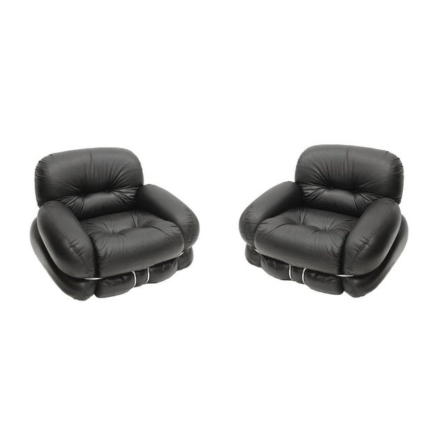 Black Set of Italian Model Okay Lounge Chairs in Black Leather and Steel by Adriano Piazzesi For Sale - Image 8 of 8