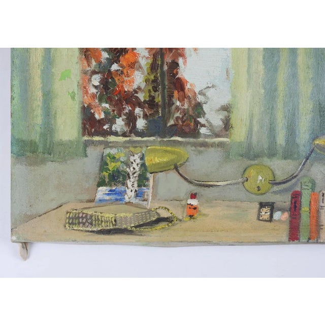 Vintage Mid Century Interior Setting and Palm Tree From Window Painting For Sale - Image 4 of 8