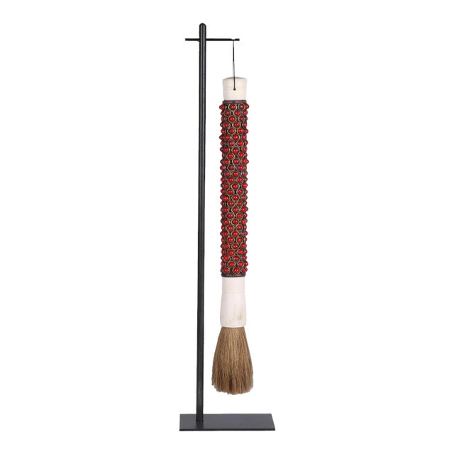Contemporary Red Beaded Ceremony Brush With Iron Stand For Sale