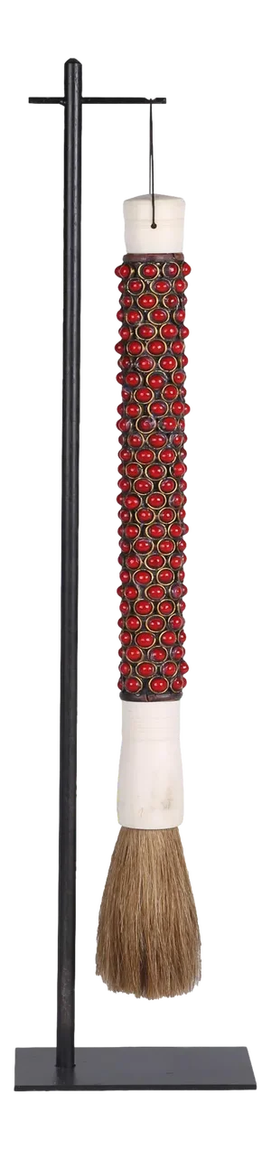 Contemporary Red Beaded Ceremony Brush With Iron Stand