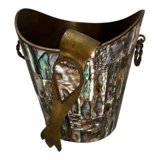 Vintage Taxco Mexican Abalone & Brass Ice Bucket W Tongs For Sale