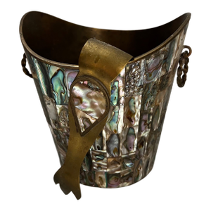 Vintage Taxco Mexican Abalone & Brass Ice Bucket W Tongs