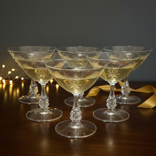 Mid 20th Century Vintage Mid-Century Modern Tiffin Franciscan Shooting Star Champagne Sherbet Glasses - Set of 6 For Sale - Image 5 of 8