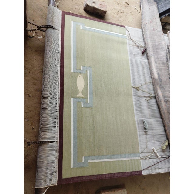 Handmade Cotton Dhurrie Runner, Olive Green and Wine Border Fish Patterned Runner Rug- 4'x10' For Sale - Image 11 of 12