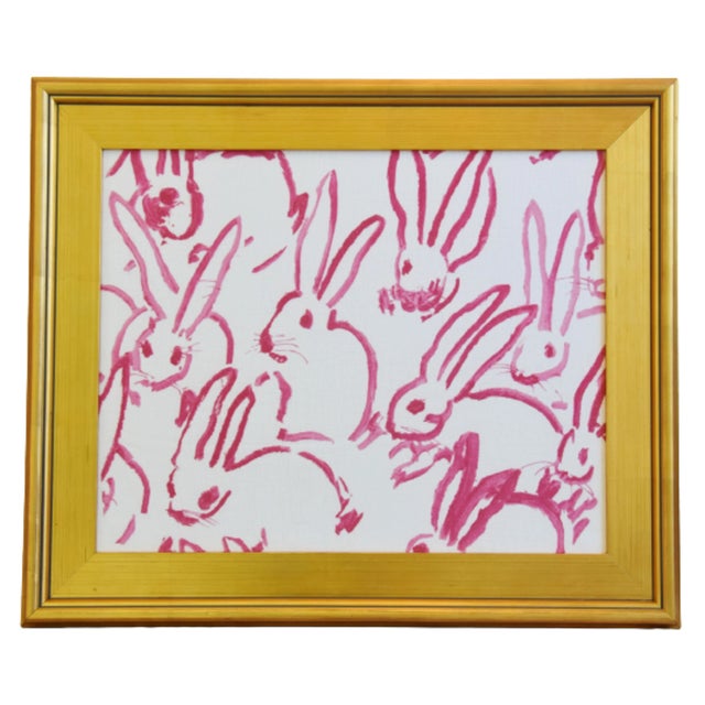 Wood 21st Century Framed Hunt Slonem Pink & White Bunny Hutch Fabric Textile With Gold Frame For Sale - Image 7 of 8