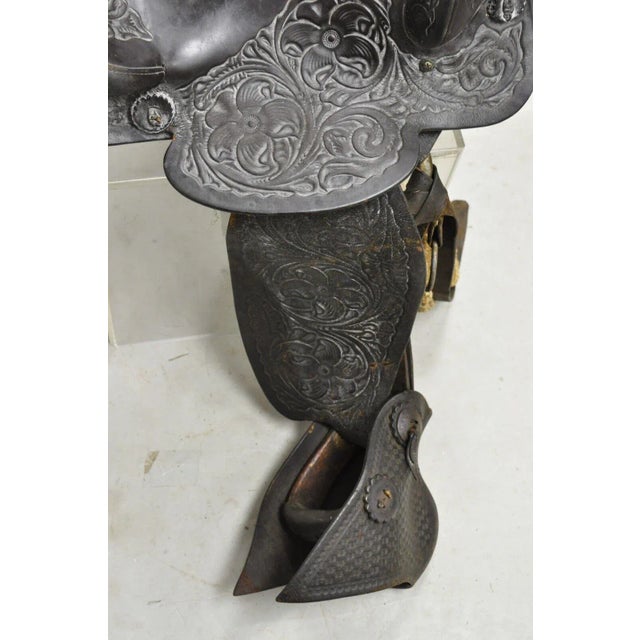 Animal Skin Vintage Late 20th Century Brown Tooled Leather Floral Embossed Seat Horse Saddle For Sale - Image 7 of 13