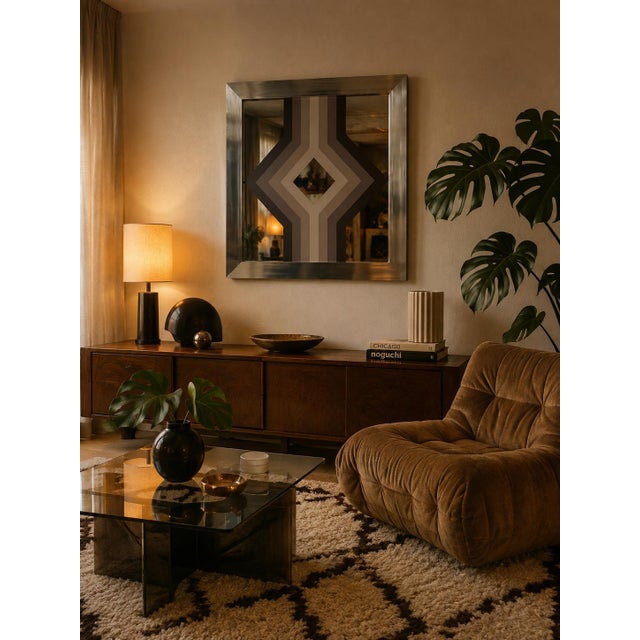 Striking 1970s vintage Op Art geometric mirrored wall art featuring a bold, dimensional design composed of layered neutral...