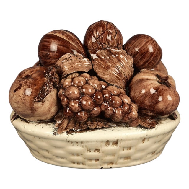 Italian Brown & White Majolica Fruit Basket, 1960s For Sale