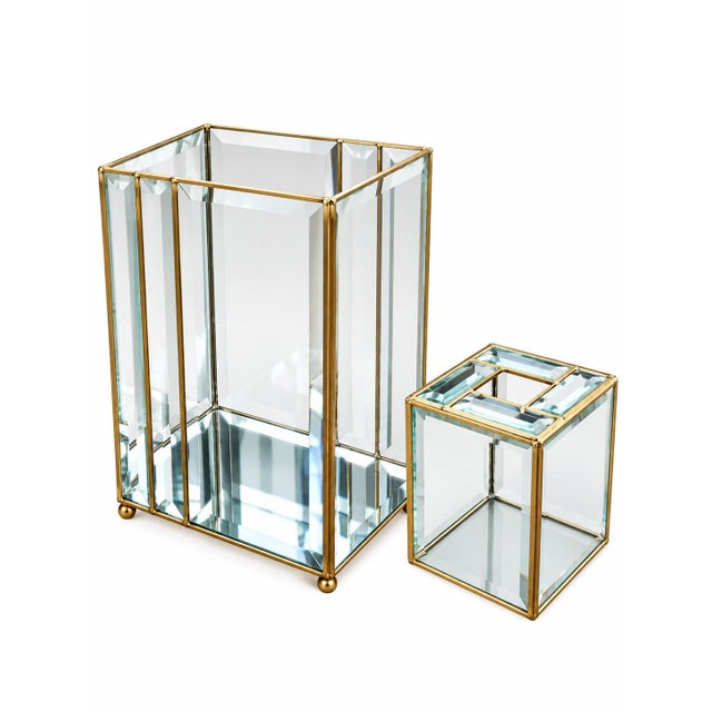 Glamorous vintage 1980s matching wastebasket and tissue box cover crafted of clear leaded glass with dramatic beveled...