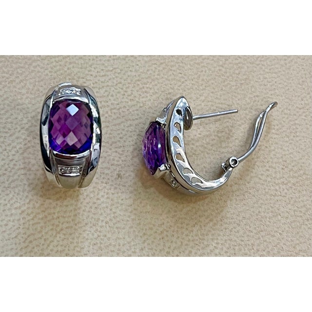 6 Carat Amethyst and Diamond 14 Karat White Gold Earrings, Omega Back For Sale - Image 12 of 18