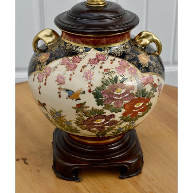 Wood Vintage Japanese Satsuma Vase Table Lamp Hand Painted Geisha Bird Floral Gold For Sale - Image 7 of 16