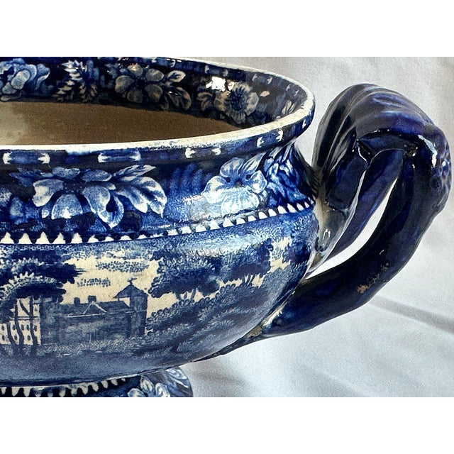 1930's Blue Staffordshire Transferware Euston Hall Pedestal Tureen For Sale - Image 4 of 9