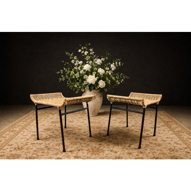Carlo Hauner Pair of Caned Stools With Iron Frame by Carlo Hauner, Forma, Brazilian Modern, 1950s For Sale - Image 4 of 15