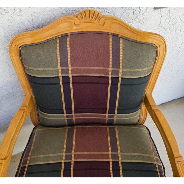 Forest Green Vintage Louis XV French Provincial Armchairs Plaid Tartan Fauteuil Cabriole Legs For Sale - Image 8 of 16