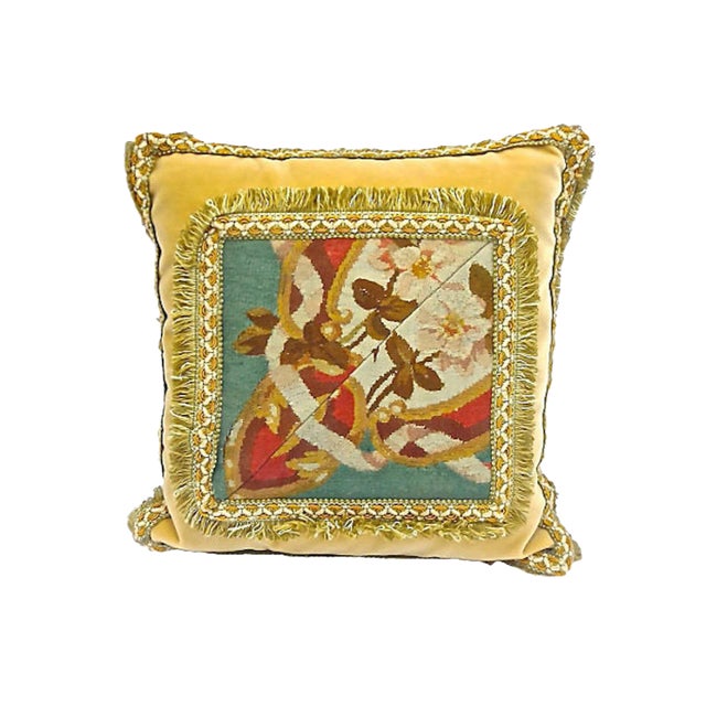19th Century Antique Velvet & Floral Aubusson Pillow For Sale