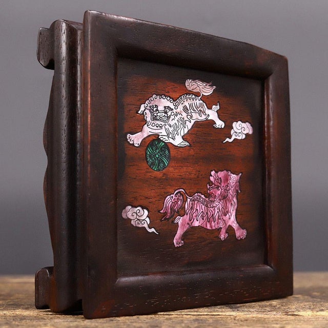 Vintage Chinese Rosewood Display Stand With Mother of Pearl "Double Lion" Inlay For Sale In Los Angeles - Image 6 of 9