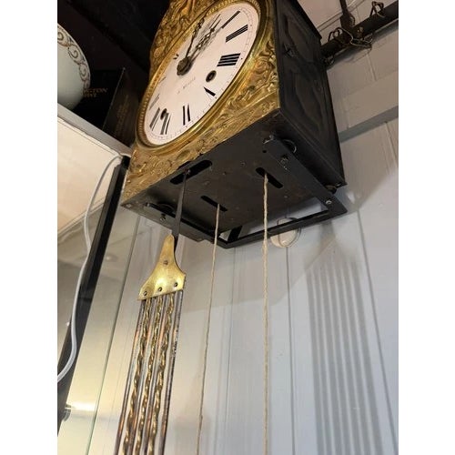Metal Antique Brass Wall Mount Comtoise Clock Marked Camps a Monein For Sale - Image 7 of 12