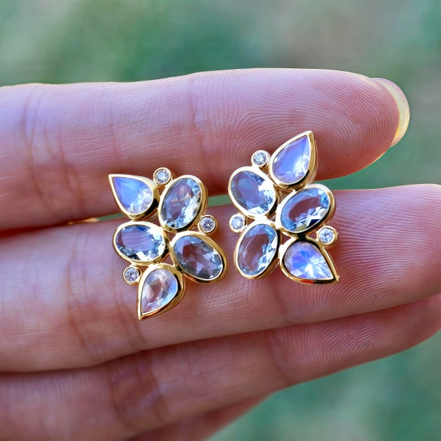 2020s Nina Zhou Aquamarine Moonstone Diamond Cluster Earrings in 14k Yellow Gold - a Pair For Sale - Image 5 of 11