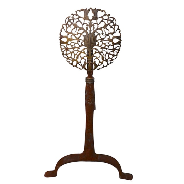 Traditional Pr. Brass Filigree Medallion Wrought Iron Base Andirons Att. To Virginia Metal Crafters For Sale - Image 3 of 9