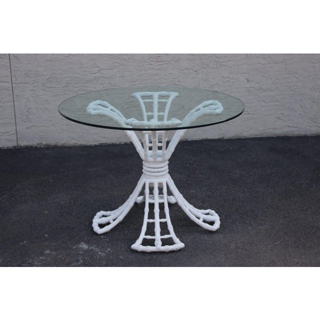 Hollywood Regency Cast Aluminum Faux Bamboo Round Glass Top Patio Table For Sale - Image 13 of 18