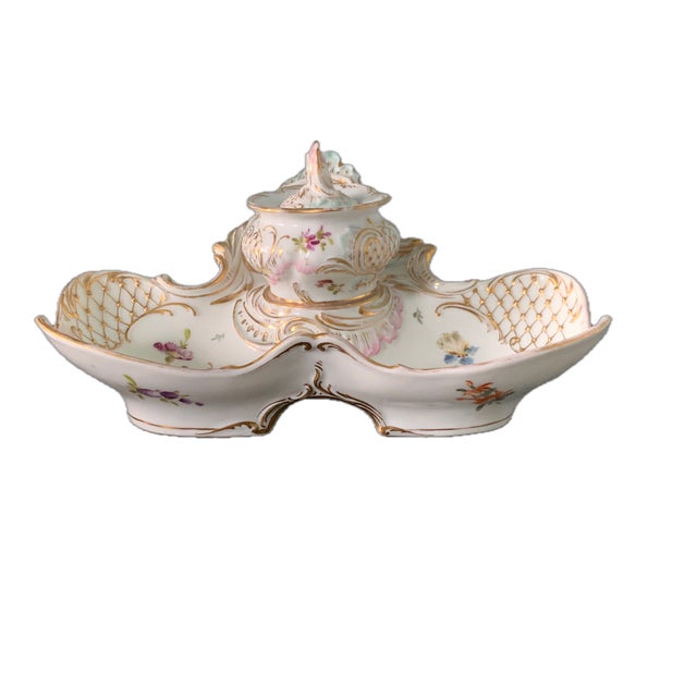 Late 19th Century Antique Dresden Porcelain Inkwell & Pen Tray Handpainted For Sale - Image 5 of 12