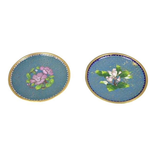 Vintage Blue Brass Enamel Cloisonne Small Trinket Dishes- Set of 2 For Sale