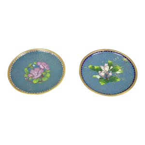Vintage Blue Brass Enamel Cloisonne Small Trinket Dishes- Set of 2