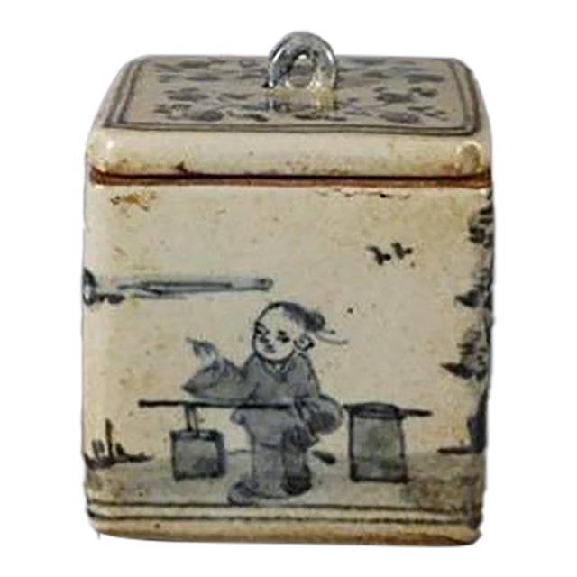 Vintage Chinese Blue and White Square Porcelain Lidded Box, Hand Painted Scholar Scene Storage Jar For Sale