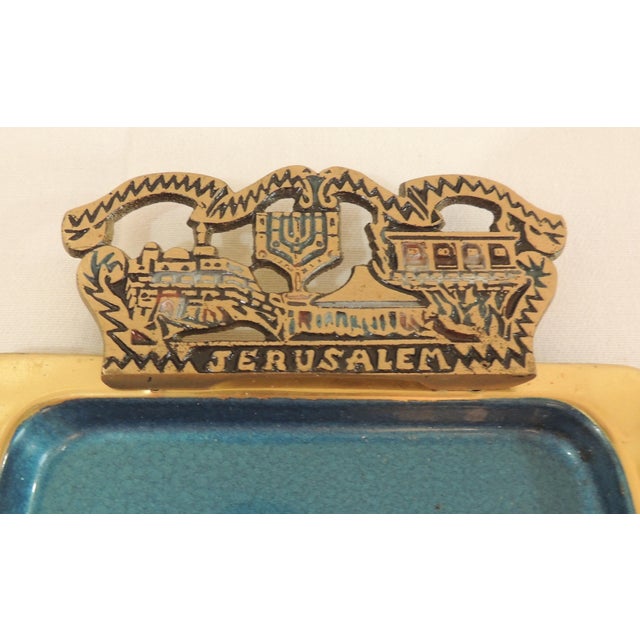 1970s Vintage Solid Brass & Blue Enamel Hand Painted Figural Israel Judaica Serving Tray W/ Handles For Sale - Image 5 of 8