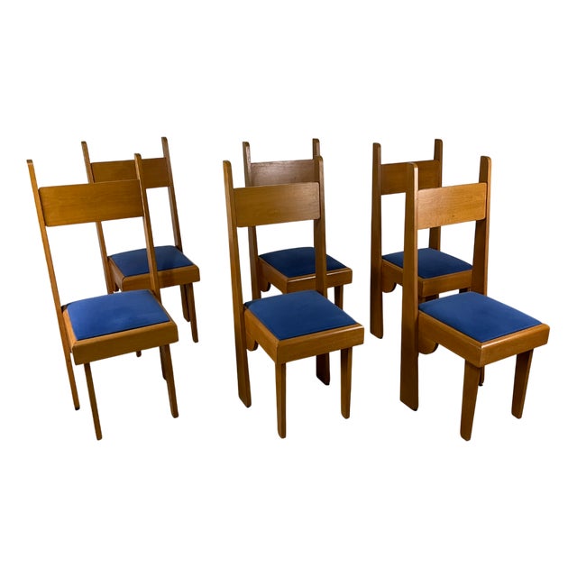 Vintage Chairs in Wood and Blue Velvet, 1980s, Set of 6 For Sale