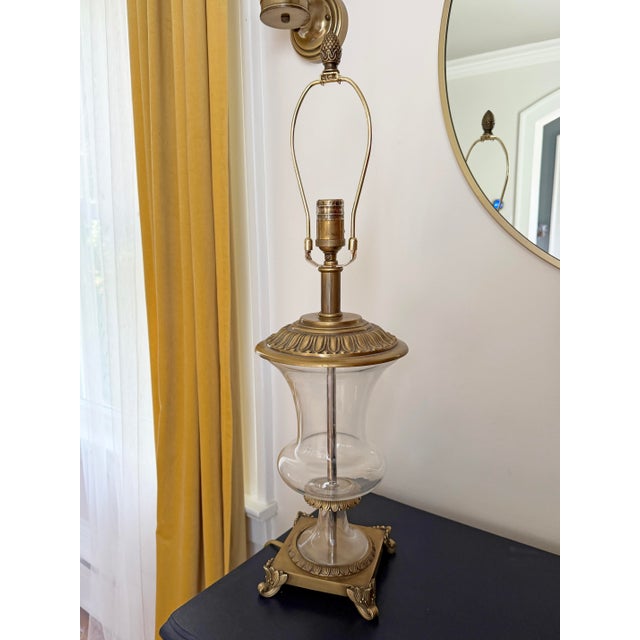 Mid-Century Modern Neoclassical Brass & Blown Glass Hurricane Urn Table Lamps - A Pair For Sale - Image 3 of 8