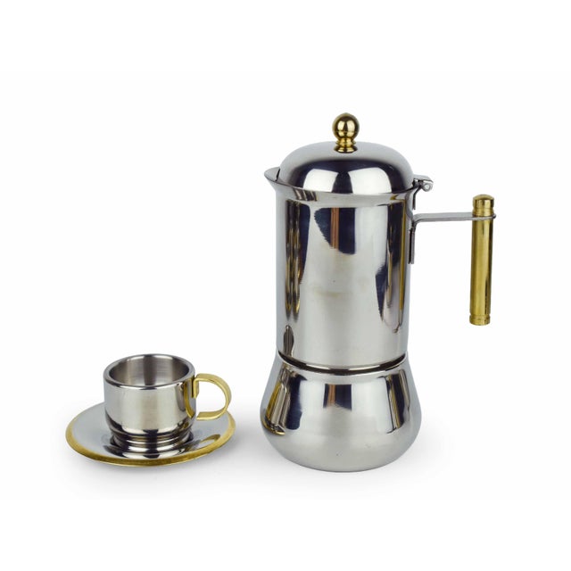 Metal Mid 20th Century Italian Stainless Steel and Gold Espresso Demitasse Cups & Saucers With Moka Pot Serving Set by Inox- 15 Pieces For Sale - Image 7 of 11