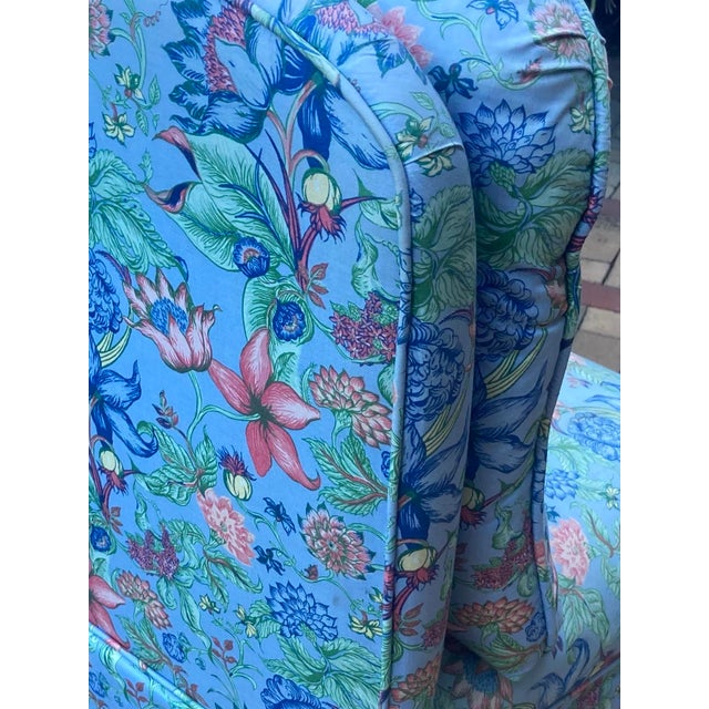 English Vintage Upholstered Regency Slipper Chair in Elegant Pip Studio Floral Blue and Salmon Chintz For Sale - Image 3 of 8