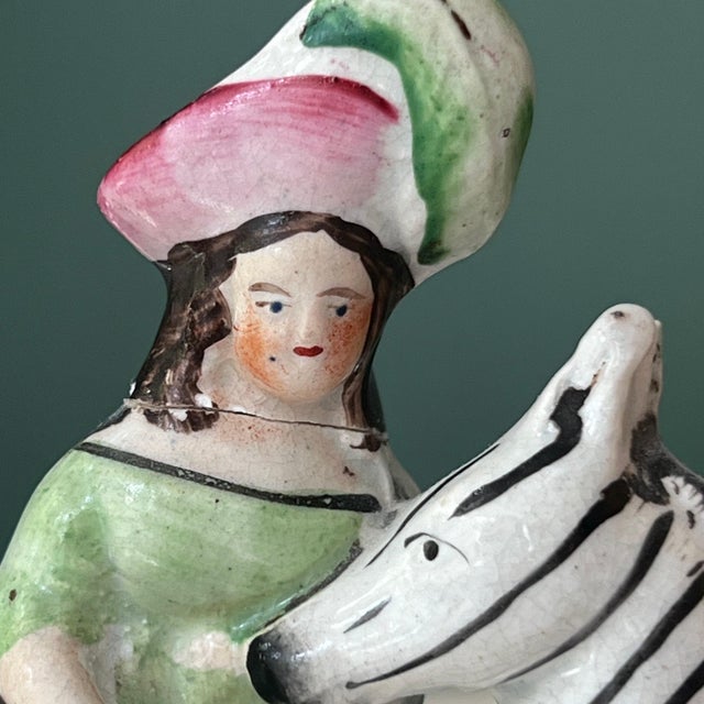 Rare pair of Staffordshire girls riding on zebras spill vases // hand-painted English antique // collectible // English country decor For Sale - Image 10 of 10