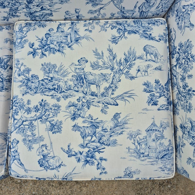 Wood Antique Blue & White Toile De Jouy Camel Back Loveseat Rolled Arms Pleated Skirt For Sale - Image 7 of 16