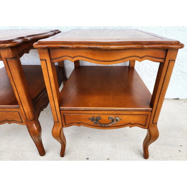 Vintage French Side Tables Walnut Leather Top by Hammary For Sale - Image 4 of 12