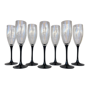 Vintage Black Stem Champagne Flute Glasses Styles After Cristal d'Arques- Durand Set of 7