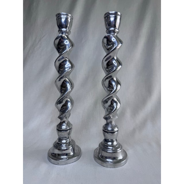 Vintage Large English Traditional Barley Twist Silver Tone Candlesticks, a Pair For Sale - Image 4 of 11