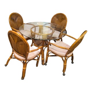 1970s Rattan Round Glass Dining Table With 4 Chairs - Set of 5 For Sale