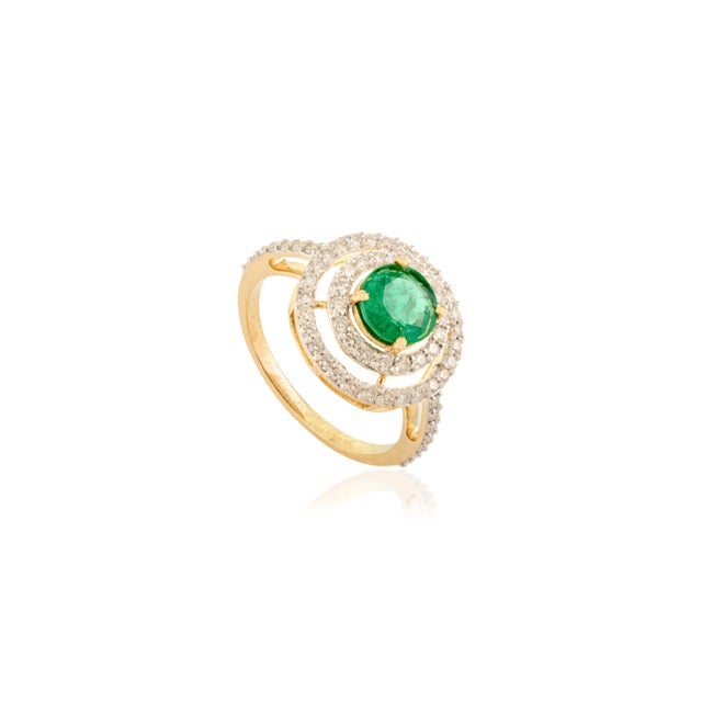 18k Halo Diamond Round Emerald Bridal Ring Size 6 For Sale - Image 4 of 12