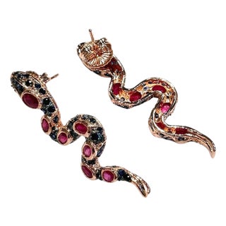 Bochic “Orient” Vintage Ruby & Sapphire Serpent Earrings Set 18K Gold & Silver For Sale
