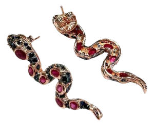 Bochic “Orient” Vintage Ruby & Sapphire Serpent Earrings Set 18K Gold & Silver