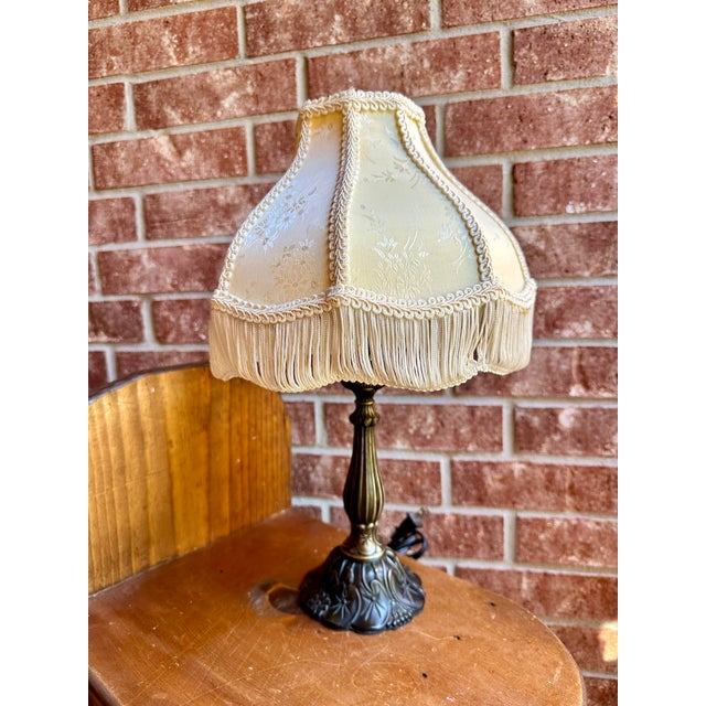 Vintage Victorian Art Deco Style Fringed Table Lamp With Ivory Fringed