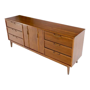 Long Walnut 9 Drawers Two Doors Mid-Century Modern Dresser Credenza Burl Accents