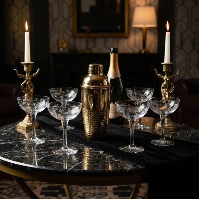 Glass Vintage Sasaki Noritake Bamboo Etched Crystal Champagne Coupe Glasses - Set 7 For Sale - Image 7 of 10